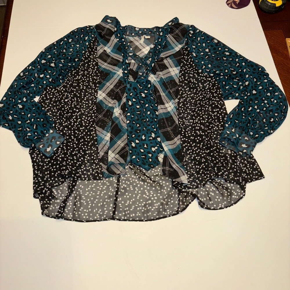 Cato Womens XL Long Sleeve Button Up Shirt Semi Sheer Top Blouse Cheetah & Plaid